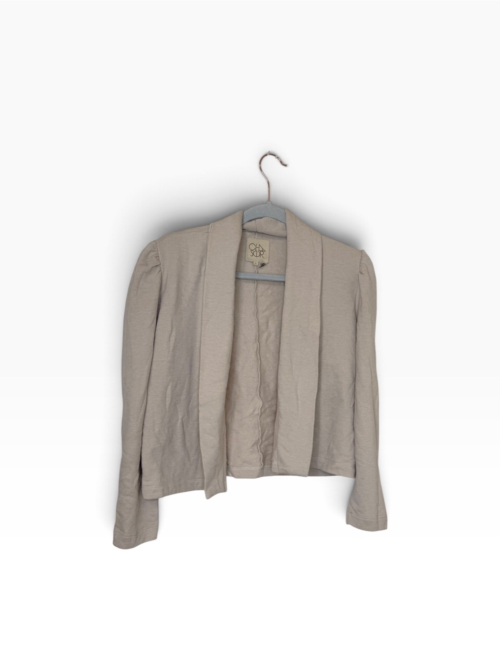 Chaser open-front beige cropped blazer jacket puff shoulders shawl collar small